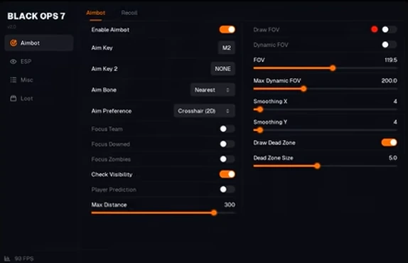 Warzone aimbot menu with FOV, smoothing, and keybind controls