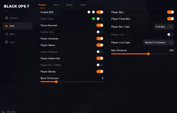 Warzone ESP menu with player boxes, bones, and distance settings